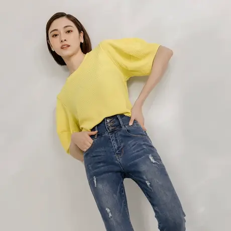 桔熊夏季简约泡泡袖t恤立体纹理舒适纯色圆领上衣女装大码AB18120图片