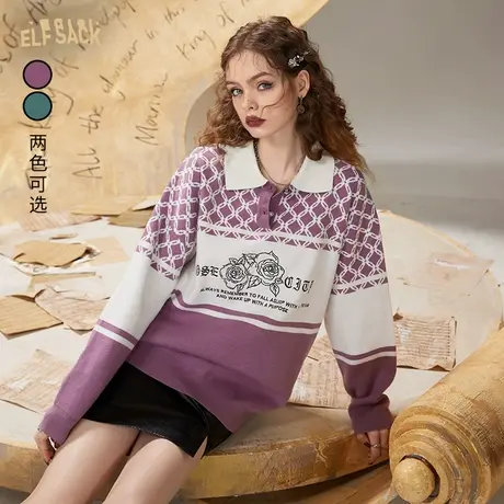 妖精的口袋重工刺绣polo领毛衣女2022秋季新款复古套头宽松外穿潮图片