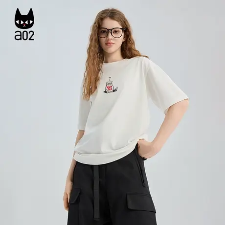 a02黑猫系列宽松白色圆领短袖T恤女2025新款夏季设计感纯棉上衣图片