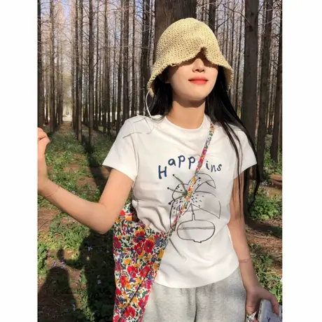 韩系白色印花正肩短袖t恤女2025新款夏季修身显瘦小个子圆领上衣图片
