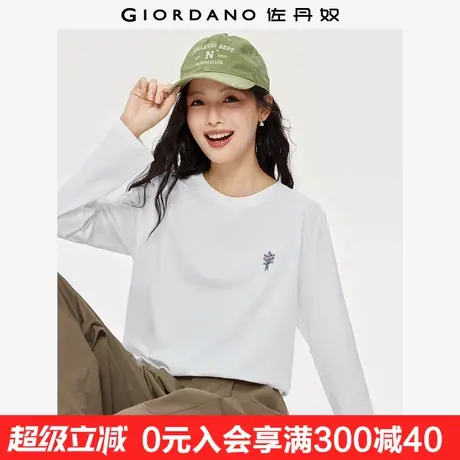 佐丹奴长袖T恤女秋季新款纯棉t恤衫花束刺绣宽松圆领上衣13325695商品大图