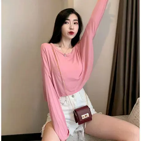 粉色长袖t恤女bf韩版学生漏肚脐高腰短款港风chic露脐上衣宽松潮商品大图