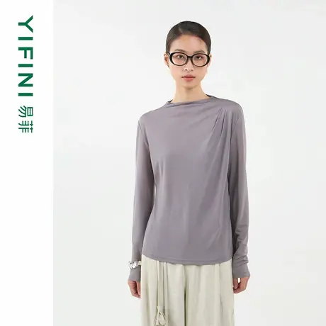 [专柜同款]Yifini/易菲醋酸抽褶设计感宽松长袖T恤女时尚百搭上衣商品大图