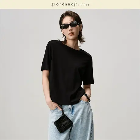 GL2025年夏季新款极简风T恤女纯棉纯色圆领短袖休闲上衣02325535商品大图