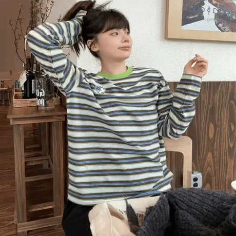 韩版条纹洋气撞色上衣今年流行的爆款女装新款T恤独特超好看小衫商品大图