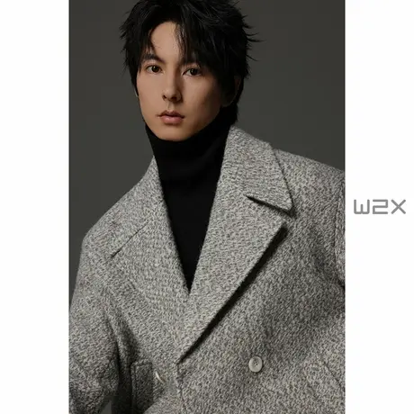 w2x2025冬季新款翻领加绒加厚针织羊毛呢大衣男短款宽松休闲外套图片