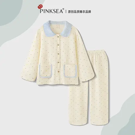 棉纱睡衣女款纯棉秋春长袖长裤新款简约波点甜美可外穿家居服套装商品大图