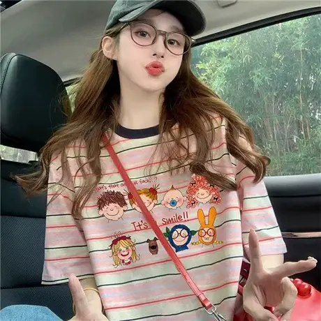美式撞色条纹短袖t恤女2025新款夏季潮牌卡通学院风宽松显瘦上衣图片