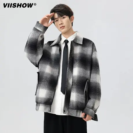 VIISHOW黑白格子毛呢外套男士2025新款秋冬潮牌宽松百搭翻领夹克商品大图