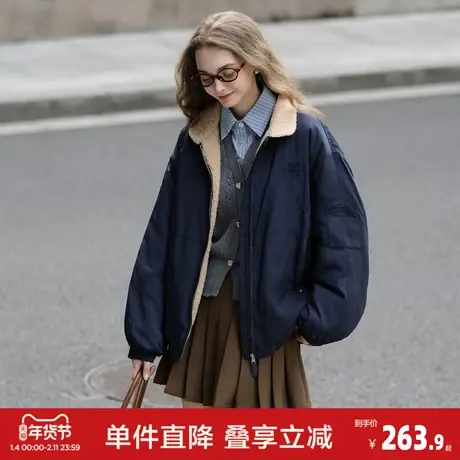 唐狮2026秋冬季短款厚外套女撞色仿羊羔绒领子短款棉衣保暖夹克图片
