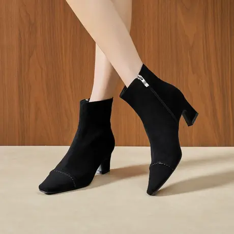 卓诗尼2025秋冬新款侧拉链短筒靴时尚舒适显瘦女靴潮流粗跟时装靴图片