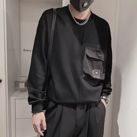 圆领卫衣男秋冬季重磅拼接个性口袋设计感休闲穿搭上衣长袖体恤衫商品大图