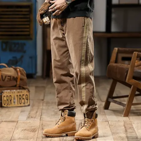 舒适休闲裤美式潮流拼接条纹做工磨毛大码宽松百搭潮流纯棉工装裤图片