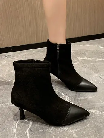 时尚拼接百搭瘦瘦靴女2023秋冬新款尖头加绒短靴气质弹力高跟袜靴商品大图