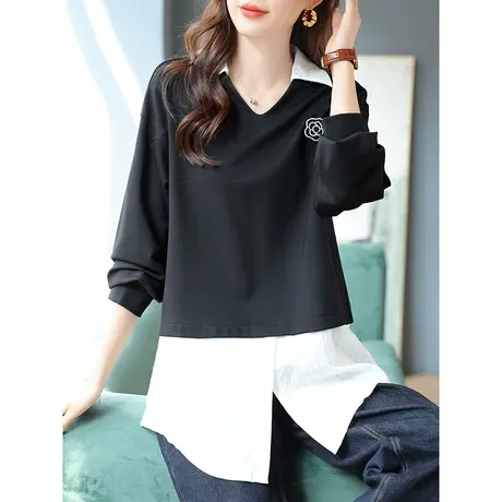 宝诗黎翻领拼接假两件落肩长袖卫衣2023春秋季新款设计感简约上衣商品大图