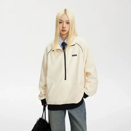 美式复古半拉链立领加绒卫衣女冬季2023新款宽松oversize无帽上衣商品大图