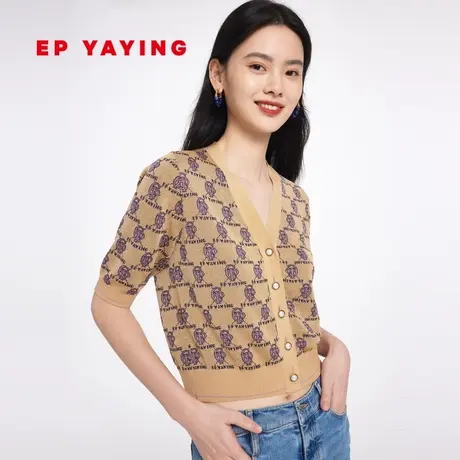 EP YAYING雅莹女装 小香风提花V领中袖针织开衫2023春夏新款9131A图片