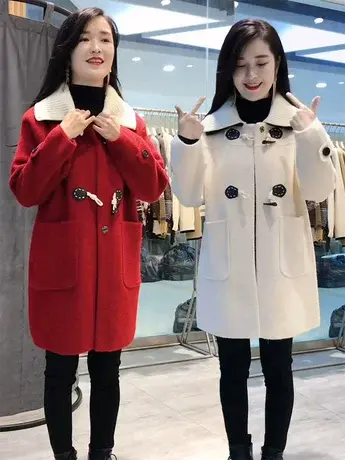 秋冬款牛角扣复古港风双面针织大衣女宽松大码翻领减龄显瘦毛外套图片