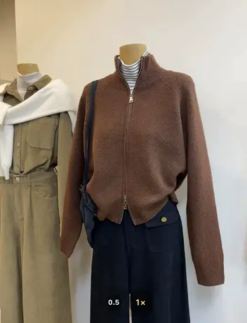 韩系设计感立领双拉链毛衣针织开衫秋冬外套慵懒风休闲百搭上衣女图片