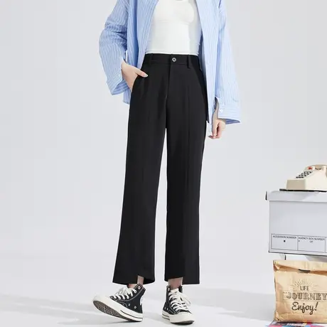 唐狮春夏西装裤女修身显瘦高腰黑色脚口开叉微喇叭裤子商品大图