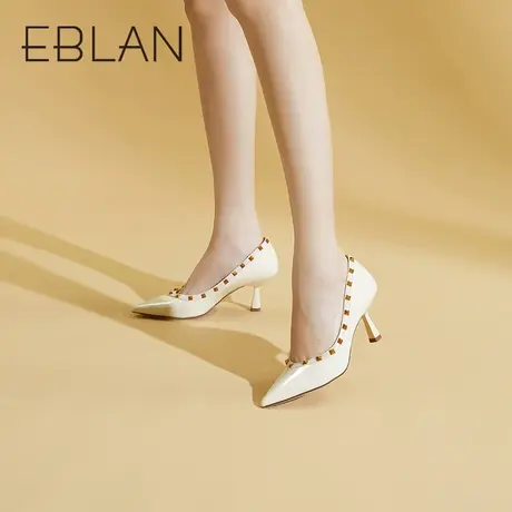 伊伴春季女鞋新款铆钉高跟仙女风猫跟细跟真皮尖头百搭通勤单鞋商品大图