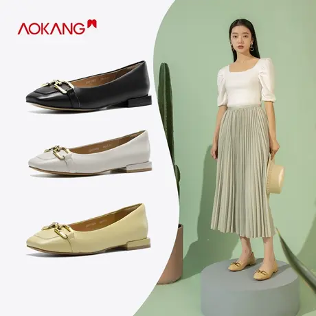 奥康女鞋 秋季气质真皮工作鞋粗跟金属扣小香风气质方头单鞋图片