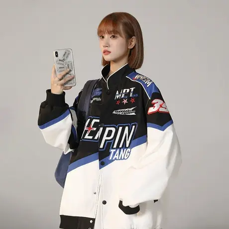 美式复古赛车外套女春秋2023年新款ins潮牌宽松街头立领夹克上衣商品大图