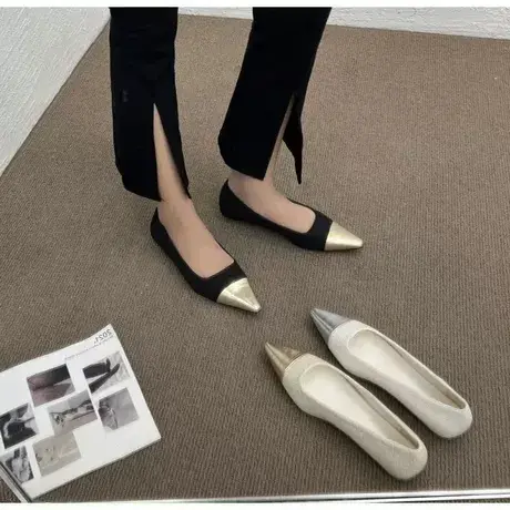 温柔晚晚风尖头拼色单鞋女鞋子2023年夏季薄款网红小金头百搭瓢鞋图片