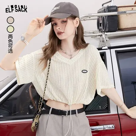 妖精的口袋白色镂空短款t恤女2023夏季新款短袖bm修身辣妹上衣潮商品大图