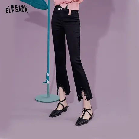 妖精的口袋黑色微喇开叉牛仔裤女2023春季新款九分裤显瘦紧身裤子图片