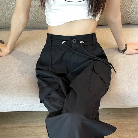 美式黑色工装裤女宽松春秋薄款高腰阔腿直筒休闲束脚哈伦运动裤子商品大图