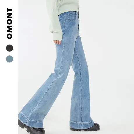 omont蛋挞家 复古休闲黑色微喇叭裤女高腰显瘦微弹力长裤子初春季商品大图