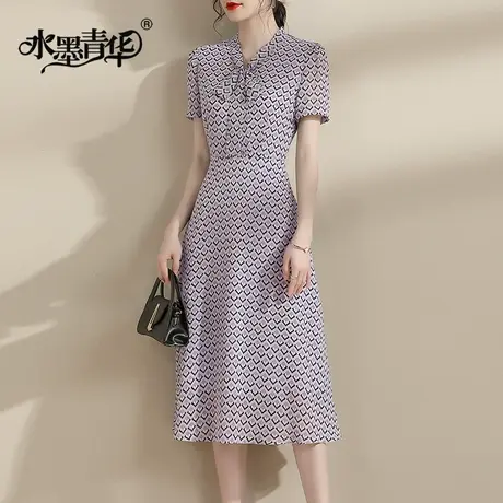【1件7.9折】飘带领裙子新款夏季时尚乔其印花显瘦短袖连衣裙商品大图