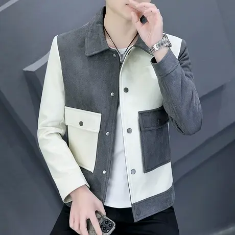 春秋季潮牌拼接工装外套男士韩版帅气潮流翻领休闲撞色设计感夹克商品大图