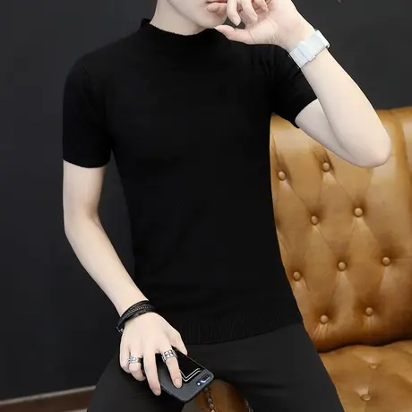夏季男士半高领毛衣针织短袖韩版潮流修身长袖打底衫春秋青年上衣图片