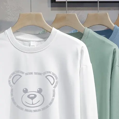 小熊卫衣男春秋款加绒圆领长袖t恤宽松白色套头无帽上衣潮流百搭商品大图