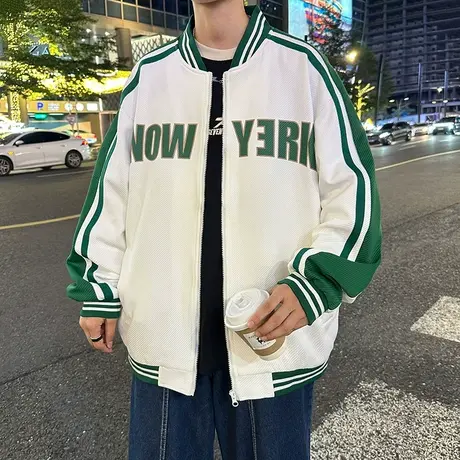 美式复古棒球服外套男秋季新款潮牌宽松条纹夹克衫青少年痞帅上衣商品大图