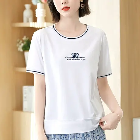 正肩纯棉t恤女夏装短袖2023年新款创意时尚宽松上衣洋气显瘦体恤商品大图