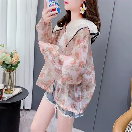 时尚复古印花防晒衣外套女夏季2023年新款宽松减龄娃娃领薄款上衣商品大图