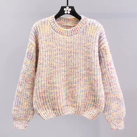 日系甜美粗线彩色毛衣女秋冬2023新款宽松百搭洋气圆领针织衫上衣图片
