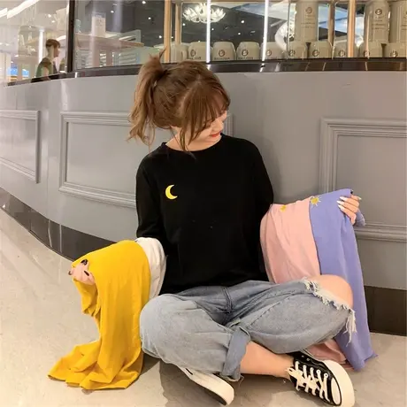 早秋季薄款纯色t恤女装长袖2023年春秋装新款宽松设计感小众上衣图片