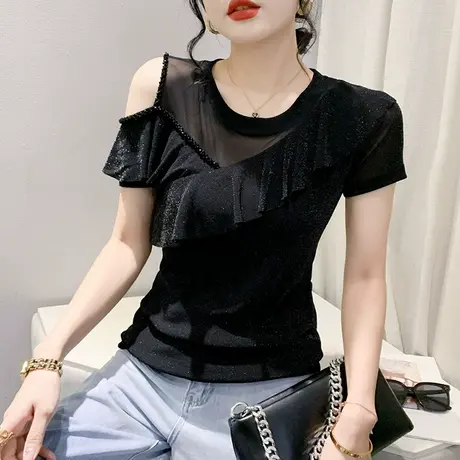 性感露肩T恤女短袖时尚洋气网纱小衫欧货设计感荷叶边上衣体恤夏商品大图