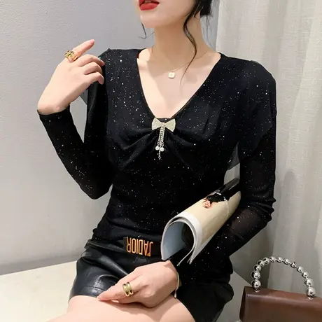 性感网纱打底衫女长袖秋季2024新款时尚别致荷叶边T恤修身V领上衣商品大图