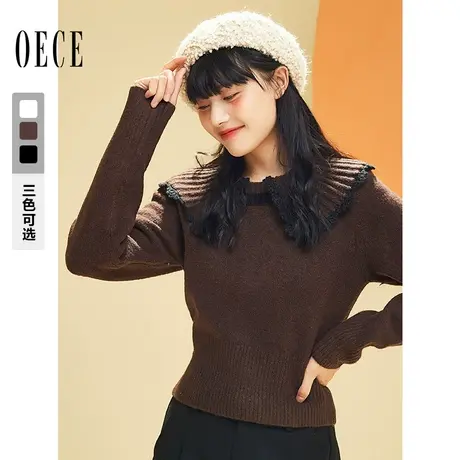 Oece冬新款女 学院复古娃娃领针织衫秋长袖毛衣上衣图片