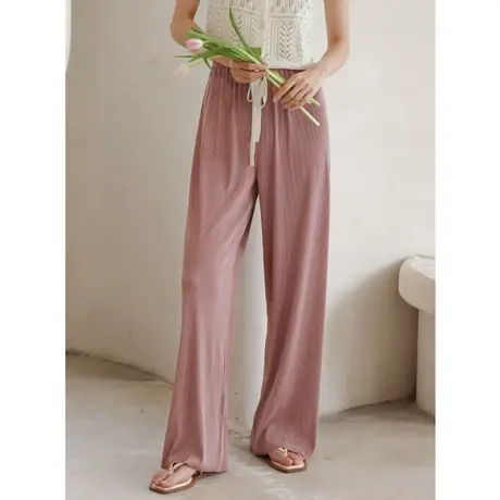 弥古粉色冰丝阔腿裤女夏季休闲裤薄款裤子垂感高级感三宅褶皱长裤商品大图