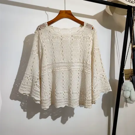 勾花镂空长袖针织衫女夏外穿新款宽松圆领喇叭袖防晒上衣空调罩衫商品大图