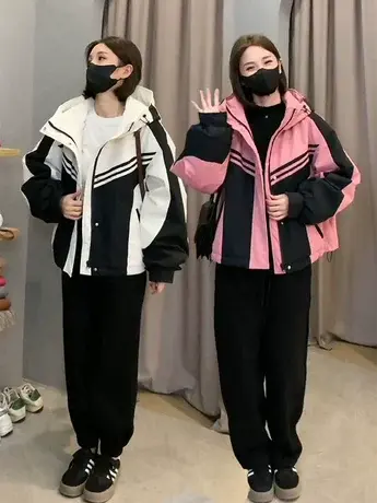 夹棉连帽外套女秋季2023新款韩版减龄拼接休闲夹克炸街冲锋衣上衣商品大图