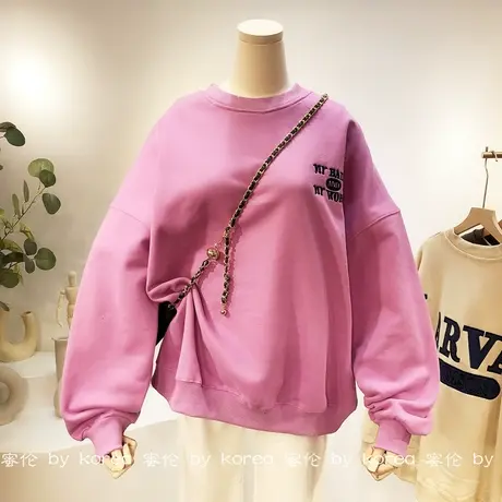 加绒加厚圆领卫衣韩国东大门秋冬版刺绣字母简约休闲保暖外套大码商品大图