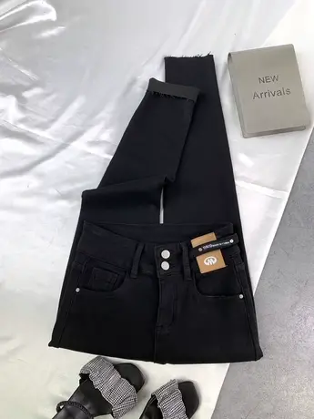 两粒扣皮牌加绒牛仔小脚裤女2023秋冬新款显瘦百搭加厚保暖铅笔裤商品大图