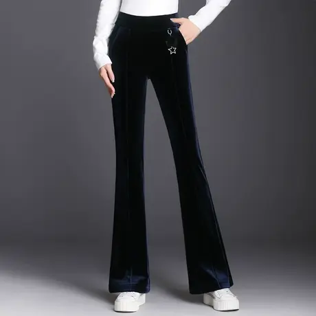 金丝绒微喇裤女休闲裤长裤2023春秋新款高腰喇叭裤黑色垂感女裤子商品大图